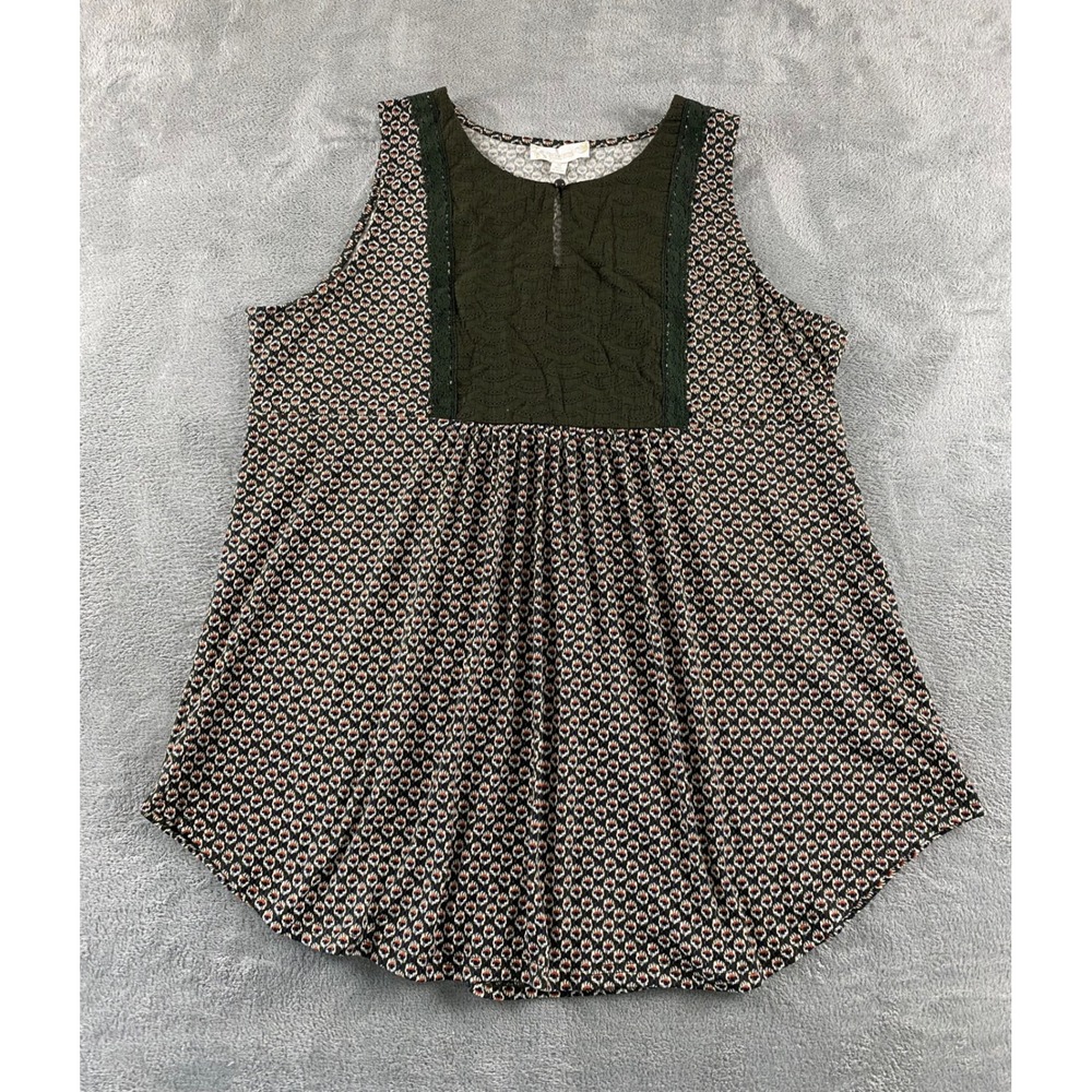 Weekend Suzanne Betro Womens 1X Olive Green Medallion Lace Eyelet Sleeveless Top